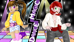 Size: 3840x2160 | Tagged: safe, artist:schokocream, oc, oc only, oc:tricky fox, human, clothes, dancing, dark skin, ear piercing, earring, female, high res, humanized, jewelry, male, pants, piercing, smiling
