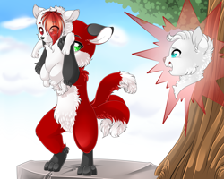 Size: 4251x3401 | Tagged: safe, artist:schokocream, oc, oc only, oc:dr. wolf, oc:tricky fox, fox, wolf, anthro, digitigrade anthro, barely pony related, magical gay spawn, male, multiple tails, offspring, outdoors, parents:oc x oc, tail