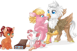 Size: 4634x3111 | Tagged: safe, artist:schokocream, oc, oc only, griffon, hippogriff, pegasus, pony, baby, baby pony, griffon oc, hippogriff oc, pegasus oc, raised hoof, simple background, smiling, white background, wings