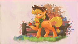Size: 1920x1080 | Tagged: safe, artist:hierozaki, applejack, earth pony, pony, g4, apple, clothes, colored hooves, cowboy hat, cute, female, fence, food, hat, hoof hold, jackabetes, mare, scarf, smiling, solo