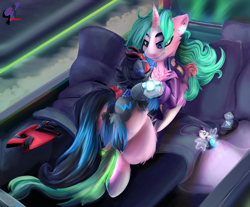 Size: 2280x1892 | Tagged: safe, artist:brainiac, artist:captainhoers, oc, oc:heccin pepperino, oc:starburst (fusion), alicorn, kirin, pony, the sunjackers, amulet, chest fluff, clothes, cloven hooves, collaboration, cybernetic legs, cyberpunk, digital art, digital painting, eyes closed, eyes open, face in floof, female, four eyes, fusion, implied lesbian, implied oc:atom smasher, implied oc:candy chip, jewelry, link in description, mare, shipping, shipping fuel, sleeping, tiktok, time-lapse included, unshorn fetlocks
