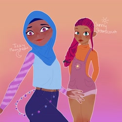 Size: 4096x4096 | Tagged: safe, artist:imu_shi, izzy moonbow, sunny starscout, human, g5, my little pony: a new generation, dark skin, gradient background, hijab, humanized