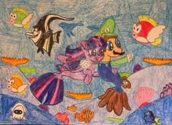 Size: 1280x935 | Tagged: safe, artist:justinvaldecanas, twilight sparkle, alicorn, cheep cheep, fish, sea pony, seapony (g4), g4, my little pony: the movie, barely pony related, blooper, blue tang, cap, clothes, clownfish, crossover, dory, fin wings, finding nemo, fins, hat, kill it with fire, luigi, luigi's hat, luitwi, male, marlin, nemo, ocean, overalls, sea ponies, seaponified, seapony twilight, shirt, species swap, super mario bros., twilight sparkle (alicorn), undershirt, underwater, wings