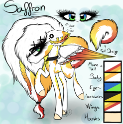 Size: 2225x2250 | Tagged: safe, artist:beamybutt, oc, oc only, oc:saffron, pegasus, pony, choker, colored hooves, colored wings, ear fluff, ear piercing, earring, eyelashes, female, high res, jewelry, mare, pegasus oc, piercing, raised hoof, reference sheet, two toned wings, wings