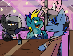 Size: 1000x768 | Tagged: safe, artist:tranzmuteproductions, oc, oc only, oc:tranzmute, pegasus, pony, beer bottle, bottle, clothes, female, frown, indoors, male, mare, necktie, pegasus oc, smiling, stallion, stripper pole, suit