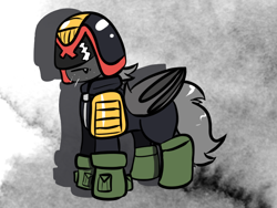 Size: 800x600 | Tagged: safe, artist:tranzmuteproductions, oc, oc only, oc:tranzmute, bat pony, pony, abstract background, bat pony oc, bat wings, boots, clothes, cosplay, costume, helmet, judge dredd, male, shoes, solo, stallion, wings