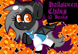 Size: 800x554 | Tagged: safe, artist:tranzmuteproductions, oc, oc only, oc:tranzmute, bat pony, pony, :o, bat pony oc, bat wings, blackletter, bow, clothes, crossdressing, dress, eyelashes, hair bow, halloween, holiday, jack-o-lantern, lipstick, maid, makeup, male, open mouth, pumpkin, solo, stallion, wings