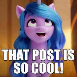 Size: 500x500 | Tagged: safe, edit, screencap, izzy moonbow, pony, unicorn, g5, my little pony: a new generation, spoiler:my little pony: a new generation, caption, castle, cropped, cute, female, happy, image macro, izzybetes, looking at something, mare, motivational, smiling, solo, text, zephyr heights