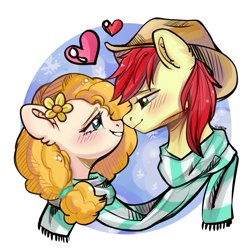 Size: 1181x1181 | Tagged: safe, artist:xi wen, bright mac, pear butter, earth pony, pony, g4, apple family member, blushing, clothes, female, filly, floating heart, heart, looking into each others eyes, love, male, mare, scarf, shared clothing, shared scarf, ship:brightbutter, shipping, stallion, straight