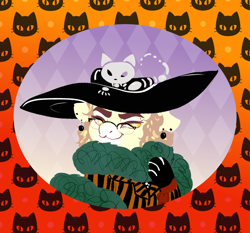 Size: 1500x1400 | Tagged: safe, artist:miyalaflordorada, oc, oc only, cat, pony, bone, clothes, costume, female, glasses, halloween, halloween costume, hat, mare, ponytober, skeleton, solo