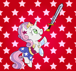 Size: 1500x1400 | Tagged: safe, artist:miyalaflordorada, sweetie belle, pony, unicorn, g4, clothes, costume, cute, diasweetes, ear piercing, earring, female, filly, halloween, halloween costume, jewelry, piercing, ponytober, rearing, solo, sword, weapon, wonder woman
