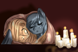 Size: 1500x1000 | Tagged: safe, artist:miyalaflordorada, fluttershy, rainbow dash, pegasus, pony, g4, blanket, candle, cuddling, duo, female, hair over one eye, hug, lesbian, limited palette, mare, ponytober, ship:flutterdash, shipping, sleeping, winghug, wings