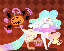 Size: 1500x1200 | Tagged: safe, artist:miyalaflordorada, princess celestia, draconequus, g4, celestequus, chaos magic, draconequified, female, halloween, holiday, jack-o-lantern, ponytober, pumpkin, solo, species swap, swirly eyes, three eyes