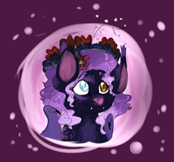 Size: 1500x1400 | Tagged: safe, artist:miyalaflordorada, oc, oc only, bat pony, pony, bat pony oc, fangs, female, flower, flower in hair, heterochromia, mare, ponytober