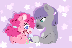 Size: 1500x1000 | Tagged: safe, artist:miyalaflordorada, maud pie, pinkie pie, earth pony, pony, g4, abstract background, bracelet, chest fluff, female, filly, filly maud pie, filly pinkie pie, friendship bracelet, jewelry, pigtails, ponytober, rock candy, sister, younger