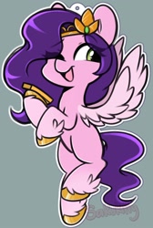 Size: 1378x2048 | Tagged: safe, artist:sakukitty, pipp petals, pegasus, pony, g5, my little pony: a new generation, adorapipp, cellphone, cute, eye clipping through hair, eyebrows, eyebrows visible through hair, female, flying, gray background, mare, one eye closed, open mouth, open smile, phone, simple background, smiling, solo, spread wings, wings, wink