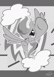 Size: 1280x1819 | Tagged: dead source, safe, artist:michiyoshi, rainbow dash, pegasus, pony, g4, 2013, cloud, female, flying, grayscale, mare, monochrome, one eye closed, open mouth, open smile, smiling, solo, spread wings, wings, wink