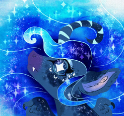 Size: 1500x1400 | Tagged: safe, artist:miyalaflordorada, princess luna, alicorn, pony, g4, bust, claws, curved horn, ear fluff, ethereal mane, fangs, female, horn, mare, ponytober, solo, sparkly eyes, sparkly mane, wing claws, wingding eyes, wings