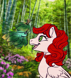 Size: 1280x1400 | Tagged: safe, artist:miyalaflordorada, paradise, pegasus, pony, g1, g4, cute, duo, female, forest, forest spirit, g1 to g4, generation leap, mare, open mouth, open smile, paradawwse, ponytober, real life background, smiling, sprite