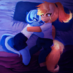Size: 1406x1402 | Tagged: safe, artist:menalia, oc, oc only, oc:freezy coldres, oc:shiny flames, pegasus, pony, unicorn, bed, blanket, chromatic aberration, clothes, female, hug, implied unicorn, lesbian, lying down, lying on bed, mare, on bed, pants, pillow, shirt, shorts, smiling, snuggling, t-shirt, wings