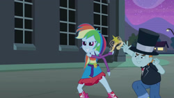 Size: 3410x1920 | Tagged: safe, screencap, rainbow dash, snips, equestria girls, g4, my little pony equestria girls, belt, big crown thingy, boots, clothes, cutie mark, cutie mark on clothes, element of magic, fall formal outfits, female, fingerless gloves, gloves, grin, high res, jewelry, male, night, regalia, shoes, sleeveless, smiling