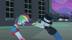 Size: 3410x1920 | Tagged: safe, screencap, rainbow dash, snips, equestria girls, g4, my little pony equestria girls, belt, big crown thingy, boots, clothes, cutie mark, cutie mark on clothes, element of magic, fall formal outfits, female, fingerless gloves, gloves, high res, jewelry, male, night, open mouth, regalia, shoes, sleeveless