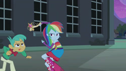 Size: 3410x1920 | Tagged: safe, screencap, rainbow dash, snails, equestria girls, g4, my little pony equestria girls, :p, belt, big crown thingy, boots, clothes, cutie mark, cutie mark on clothes, element of magic, fall formal outfits, female, fingerless gloves, gloves, high res, jewelry, male, night, regalia, shoes, sleeveless, tongue out