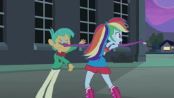 Size: 3410x1920 | Tagged: safe, screencap, rainbow dash, snails, equestria girls, g4, my little pony equestria girls, belt, boots, clothes, eyes closed, fall formal outfits, female, fingerless gloves, gloves, high res, male, night, open mouth, shoes, sleeveless