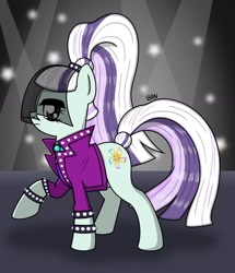 Size: 1722x2003 | Tagged: safe, artist:banquo0, coloratura, earth pony, pony, g4, bracelet, clothes, countess coloratura, female, jacket, jewelry, raised hoof, solo, spiked wristband, veil, wristband