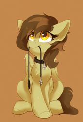 Size: 1942x2844 | Tagged: safe, artist:jazzynsfw, oc, oc only, oc:static spark, pegasus, pony, blushing, brown background, collar, female, leash, mare, mouth hold, pegasus oc, pet play, pet tag, simple background, sitting, solo, wings