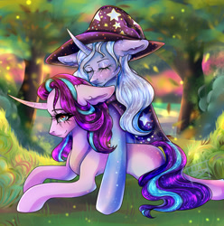 Size: 1280x1288 | Tagged: safe, artist:kirillllh, starlight glimmer, trixie, pony, unicorn, g4, blushing, curved horn, eyes closed, female, horn, lesbian, ship:startrix, shipping, smiling, sparkles, tree
