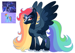 Size: 1280x896 | Tagged: safe, artist:twilightpriincess, princess luna, rainbow dash, oc, alicorn, pegasus, pony, g4, base used, female, large wings, magical lesbian spawn, mare, multicolored hair, offspring, parent:princess luna, parent:rainbow dash, parents:lunadash, pegasus oc, rainbow hair, simple background, transparent background, wings