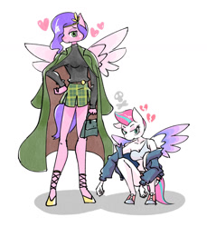 Size: 1280x1397 | Tagged: safe, artist:tastimelon, pipp petals, zipp storm, pegasus, anthro, unguligrade anthro, g5, my little pony: a new generation, clothes, coat, duo, female, frown, handbag, heart, heartbreak, hoodie, hoof shoes, lidded eyes, looking at you, royal sisters (g5), siblings, simple background, sisters, skirt, skull, smiling, sports bra, spread wings, squatting, sweater, tank top, turtleneck, white background, wings