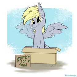 Size: 2000x2000 | Tagged: safe, artist:kirasunnight, derpy hooves, pegasus, pony, g4, box, cute, derpabetes, female, happy, high res, mare, pony in a box, sign, sitting, smiling, solo, spread wings, wings