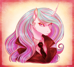 Size: 2036x1840 | Tagged: safe, artist:silverwolf866, princess celestia, alicorn, pony, g4, bust, clothes, coat, collared shirt, female, frown, looking at you, mare, necktie, scowl, shirt, solo