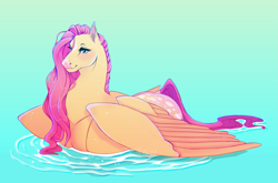 Size: 2541x1673 | Tagged: safe, artist:starcutx, fluttershy, pegasus, pony, g4, female, hoers, large wings, mare, smiling, solo, water, wet, wet mane, wings