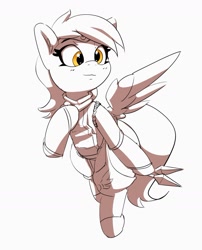 Size: 1633x2019 | Tagged: safe, artist:pabbley, derpy hooves, pegasus, pony, g4, clothes, female, kunai, mare, monochrome, ninja, partial color, simple background, smiling, solo, white background