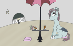 Size: 1080x681 | Tagged: safe, artist:twinet, oc, oc only, oc:vanessa tonic, breezie, pegasus, pony, g5, my little pony: a new generation, alcohol, clock, culture shock, female, liquor, looking away, male, mare, mlp fim's eleventh anniversary, pegasus oc, restaurant, sitting, umbrella