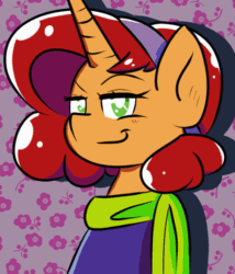 Size: 480x560 | Tagged: safe, artist:tranzmuteproductions, oc, oc only, oc:keyframe, pony, unicorn, abstract background, animated, bust, clothes, cosplay, costume, crossover, daphne blake, female, fred jones, gif, horn, magnifying glass, mare, scooby-doo, scooby-doo!, shaggy rogers, smiling, solo, unicorn oc, velma dinkley
