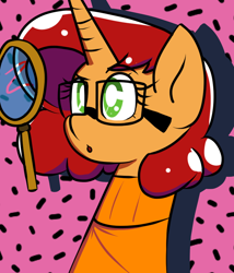Size: 800x934 | Tagged: safe, alternate version, artist:tranzmuteproductions, oc, oc only, oc:keyframe, pony, unicorn, :o, abstract background, bust, clothes, cosplay, costume, crossover, female, glasses, horn, magnifying glass, mare, open mouth, scooby-doo!, solo, unicorn oc, velma dinkley