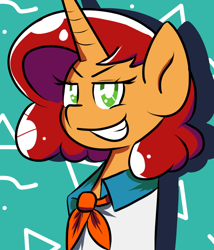 Size: 800x934 | Tagged: safe, alternate version, artist:tranzmuteproductions, oc, oc only, oc:keyframe, pony, unicorn, abstract background, bust, clothes, cosplay, costume, crossover, female, fred jones, horn, mare, scooby-doo!, smiling, smirk, solo, unicorn oc