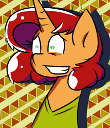 Size: 800x934 | Tagged: safe, alternate version, artist:tranzmuteproductions, oc, oc only, oc:keyframe, pony, unicorn, abstract background, bust, clothes, cosplay, costume, crossover, female, horn, mare, scared, scooby-doo!, shaggy rogers, solo, unicorn oc