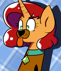 Size: 800x934 | Tagged: safe, alternate version, artist:tranzmuteproductions, oc, oc only, oc:keyframe, pony, unicorn, :p, abstract background, bust, clothes, collar, cosplay, costume, crossover, female, horn, mare, scooby-doo!, smiling, solo, tongue out, unicorn oc