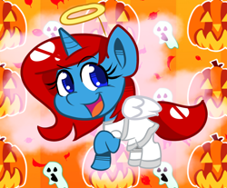 Size: 1024x847 | Tagged: safe, artist:tranzmuteproductions, oc, oc only, alicorn, angel, ghost, pony, undead, :d, alicorn oc, female, halloween, halo, holiday, horn, jack-o-lantern, open mouth, open smile, pumpkin, smiling, solo, wings