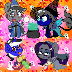 Size: 1408x1400 | Tagged: safe, artist:tranzmuteproductions, discord, oc, bat pony, draconequus, pony, g4, :d, bat pony oc, bat wings, bedroom eyes, bipedal, cauldron, clothes, cosplay, costume, female, glasses, halloween, hat, holiday, jack-o-lantern, magic wand, male, mare, open mouth, open smile, pumpkin, smiling, stallion, wide eyes, wings, witch hat