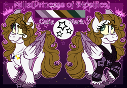 Size: 1057x734 | Tagged: safe, artist:milledpurple, oc, oc only, oc:millie, pegasus, pony, clothes, colored wings, ear fluff, eyelashes, female, hoodie, jewelry, mare, necklace, pegasus oc, reference sheet, safae, two toned wings, unshorn fetlocks, wings