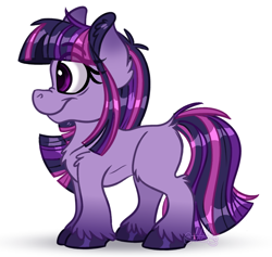 Size: 896x848 | Tagged: safe, artist:milledpurple, twilight sparkle, earth pony, pony, g4, colored hooves, concave belly, ear fluff, earth pony twilight, eyelashes, female, missing cutie mark, signature, simple background, smiling, solo, unshorn fetlocks, white background