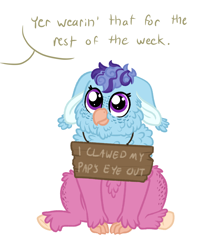 Size: 2810x3192 | Tagged: safe, artist:queenderpyturtle, oc, oc only, oc:scrapjack, hippogriff, fledgeling, high res, pony shaming, sign, simple background, solo, white background