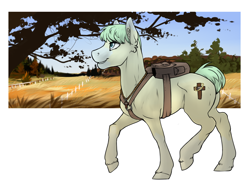 Size: 1600x1200 | Tagged: safe, artist:royvdhel-art, oc, oc only, earth pony, pony, backpack, bag, butt, ear fluff, earth pony oc, male, outdoors, plot, raised hoof, smiling, solo