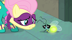 Size: 1280x720 | Tagged: safe, screencap, fluttershy, saddle rager, firefly (insect), insect, pegasus, pony, g4, power ponies (episode), season 4, female, mane, mare, moments before disaster, power ponies, sad